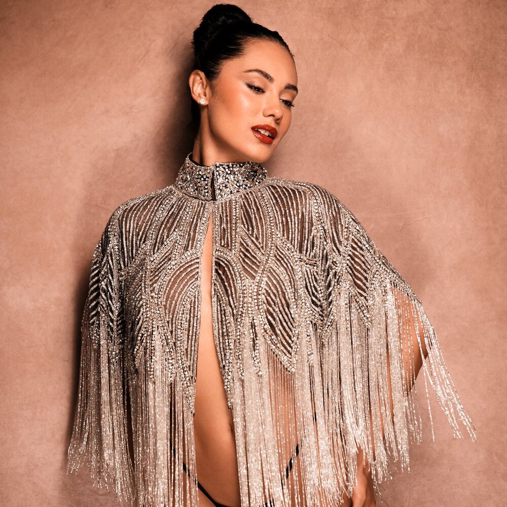 Crystal Silver Fringe Rhinestone Cape, Luxury Sequin, Festival Rave Shawl